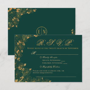 Elegante RSVP de Floral Verde Esmeralda y Oro