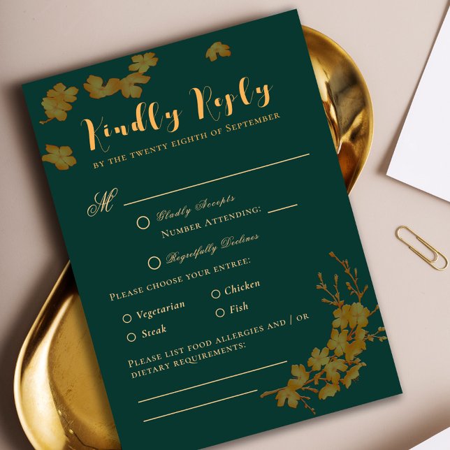 Elegante RSVP de Flores Verdes y Oro de Esmeralda (Subido por el creador)