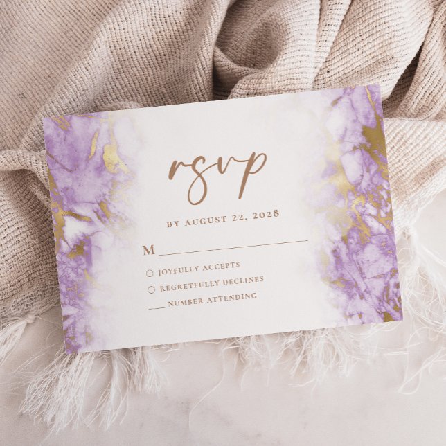 Elegante RSVP de mármol dorado lavanda (Subido por el creador)
