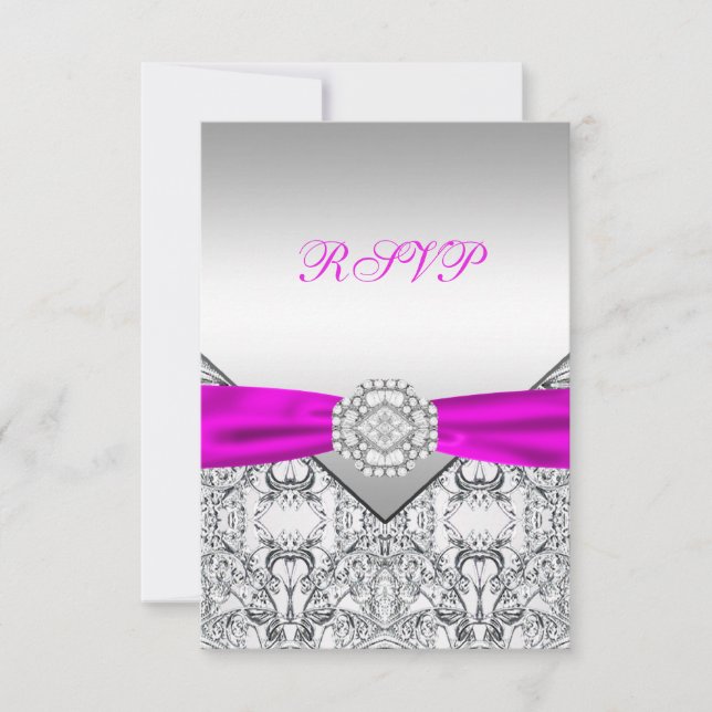 Elegante RSVP de plata y fucsia (Anverso)