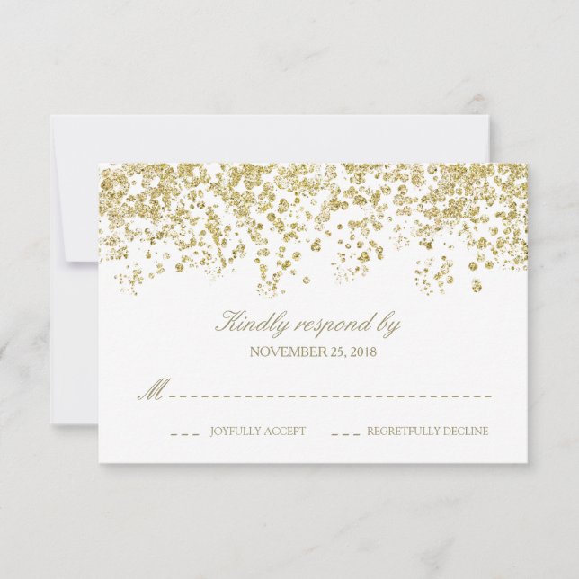 Elegante RSVP de puntos de polka blancos y dorados (Anverso)