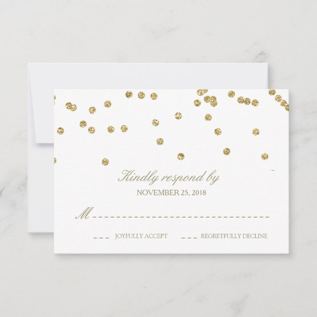 Elegante RSVP de puntos de polka blancos y dorados (Anverso)