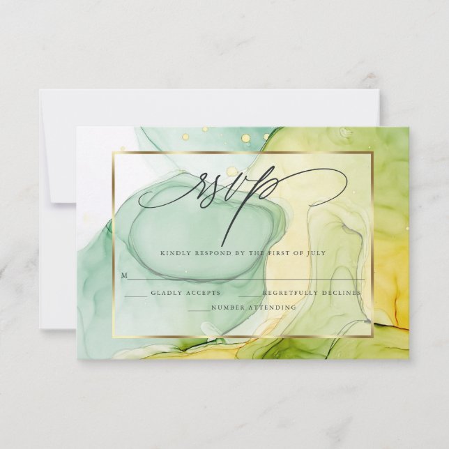 Elegante RSVP desangrada vibrantes verdes y dorado (Anverso)