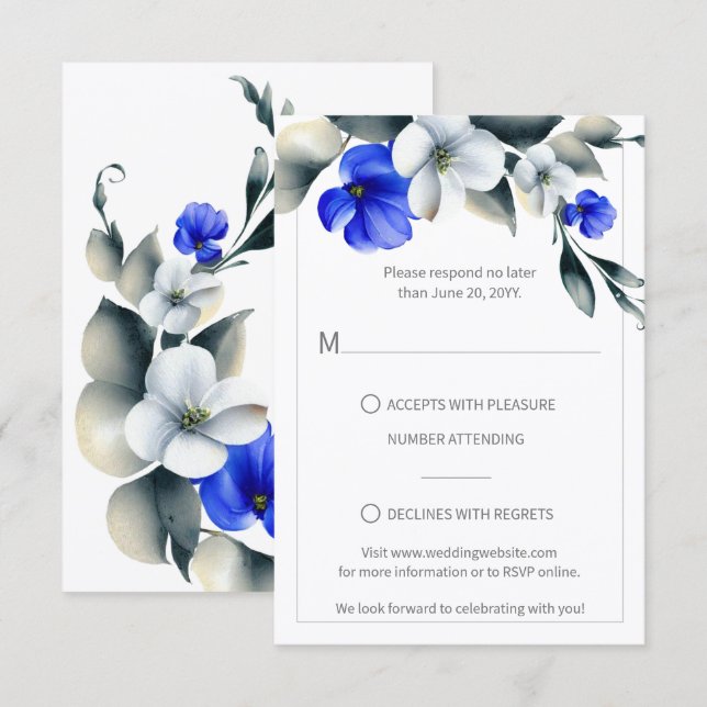 Elegante RSVP floral azul real y blanco (Anverso / Reverso)