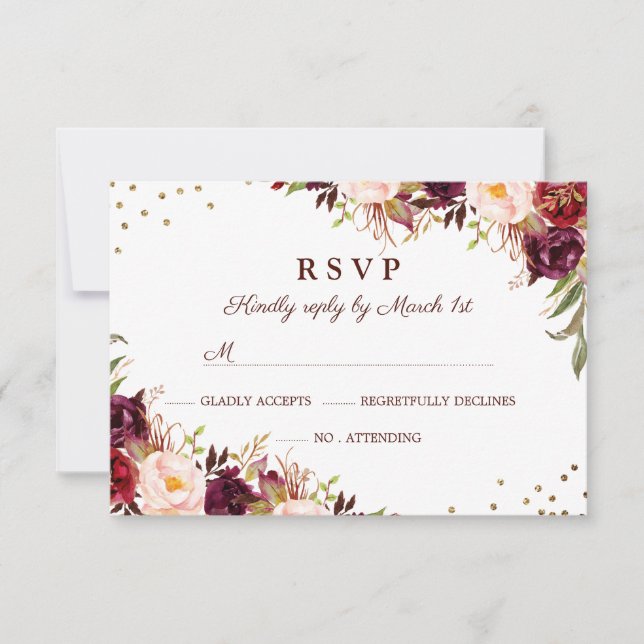 Elegante RSVP Floral Burgundy Oro (Anverso)