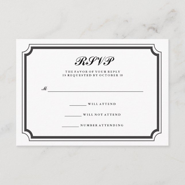 Elegante RSVP formal en blanco y negro (Anverso)