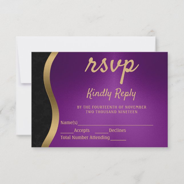 Elegante RSVP morado y dorado (Anverso)