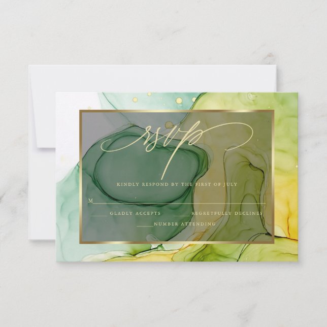 Elegante RSVP vibrante Verdes y Golds Tinta de Már (Anverso)