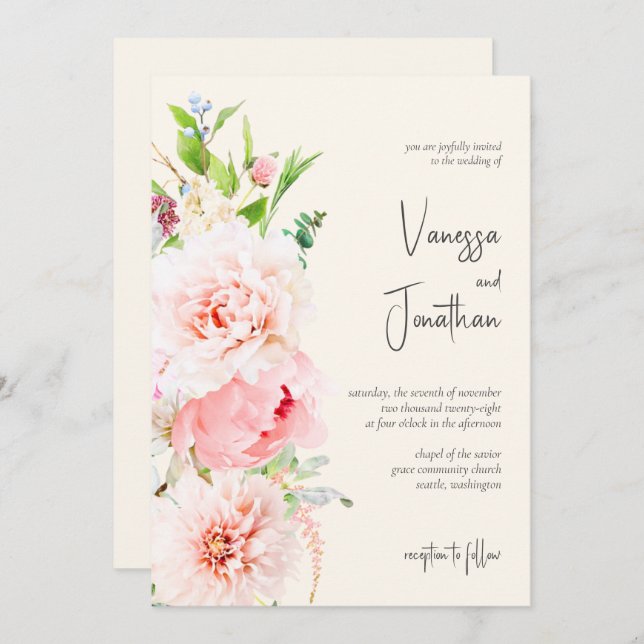Elegante Rubor e Invitación floral de marfil (Anverso / Reverso)