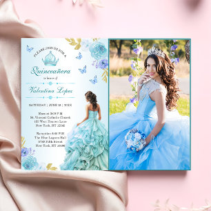 Elegante Rubor Floral Azul Invitación a la Quincea