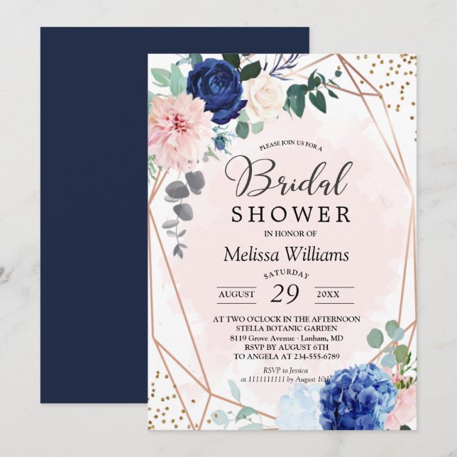 Elegante Rubor Floral Bridal Shower Invitación (Anverso / Reverso)