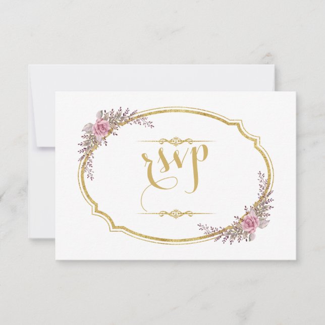 Elegante Rubor Floral Gold Frame Wedding RSVP (Anverso)