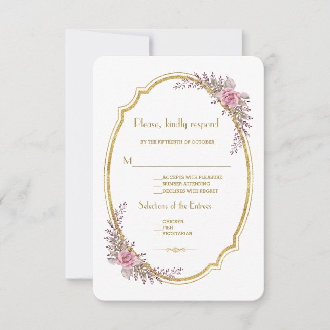 Elegante Rubor Floral Gold Frame Wedding RSVP (Anverso)