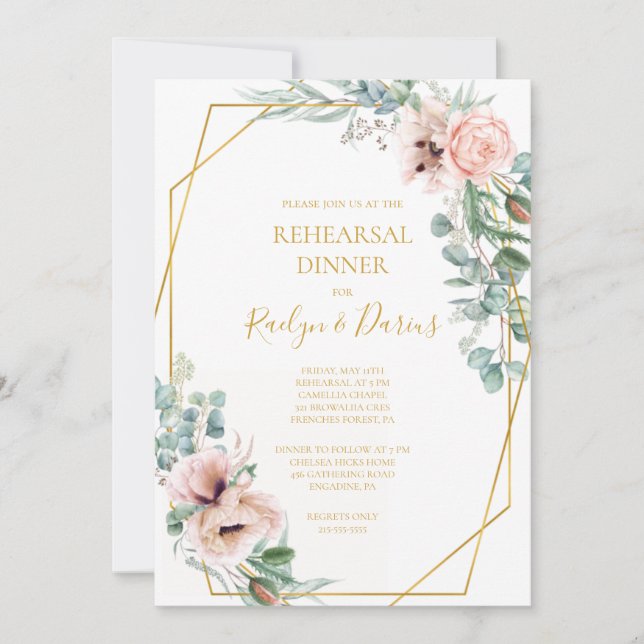 Elegante Rubor Floral | Invitación a la cena de en (Anverso)