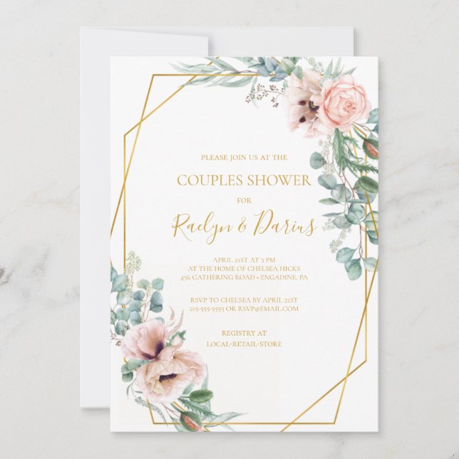 Elegante Rubor Floral | Invitación de duchas de pa (Anverso)