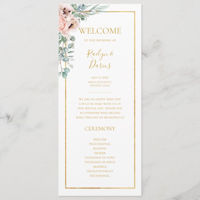 Elegante Rubor Floral | Programa de bodas (Anverso)