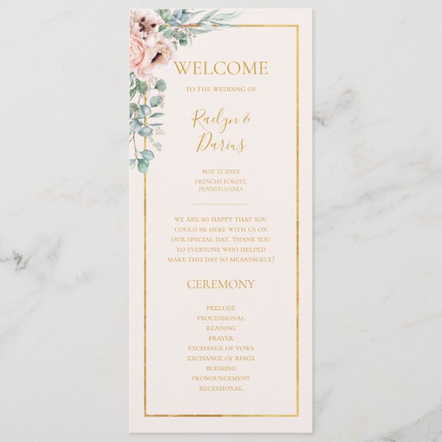Elegante Rubor Floral | Programa de Bodas Pastel (Anverso)