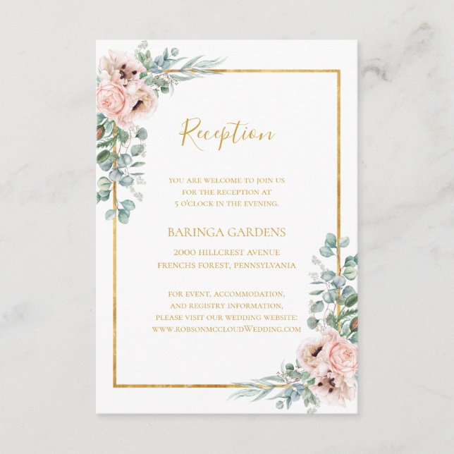 Elegante Rubor Floral | Tarjeta de recepción de bo (Anverso)