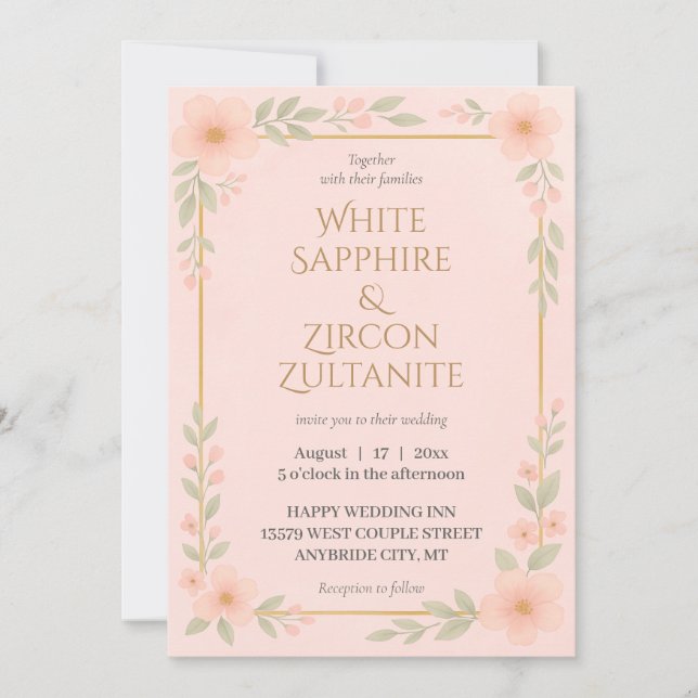 Elegante Rubor Floral Wedding Invitación con oro (Anverso)