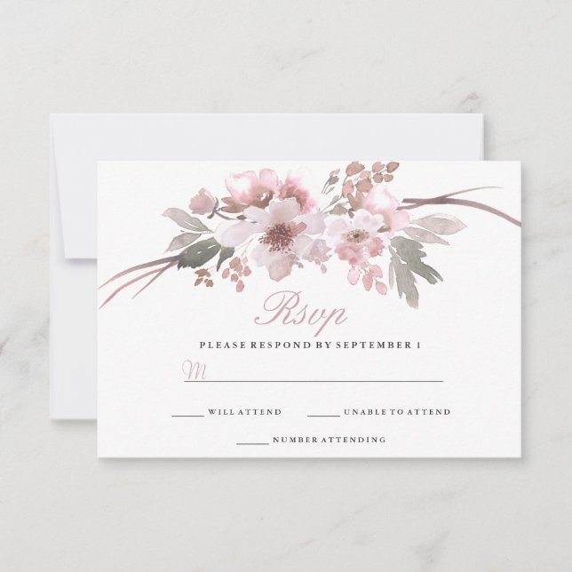 Elegante Rubor & Grey White Floral Wedding RSVP (Anverso)