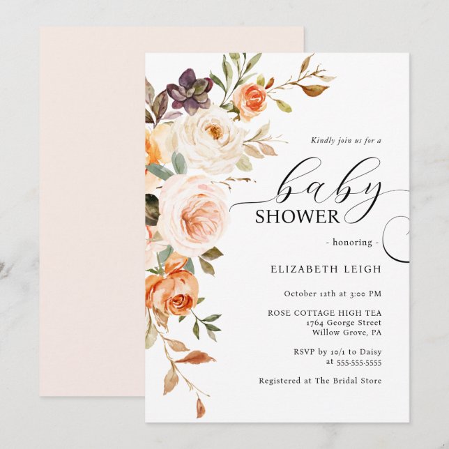 Elegante Rubor Peach Floral Baby Shower Invitación (Anverso / Reverso)