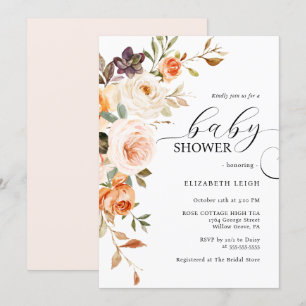 Elegante Rubor Peach Floral Baby Shower Invitación