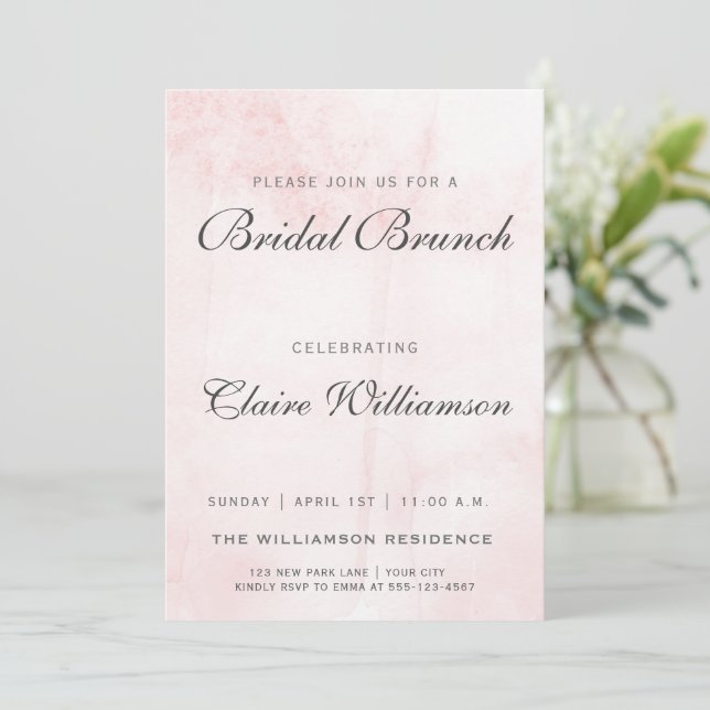 Elegante Rubor Watercolor Bridal Brunch Invitación (Anverso de pie)