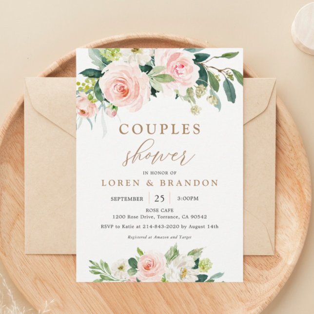 Elegante Rubor Watercolor Parejas Ducha Invitación (Subido por el creador)