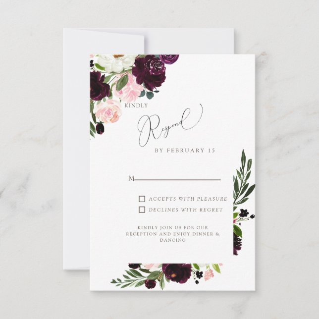 Elegante Rubor y Burgundy Floral Wedding RSVP (Anverso)