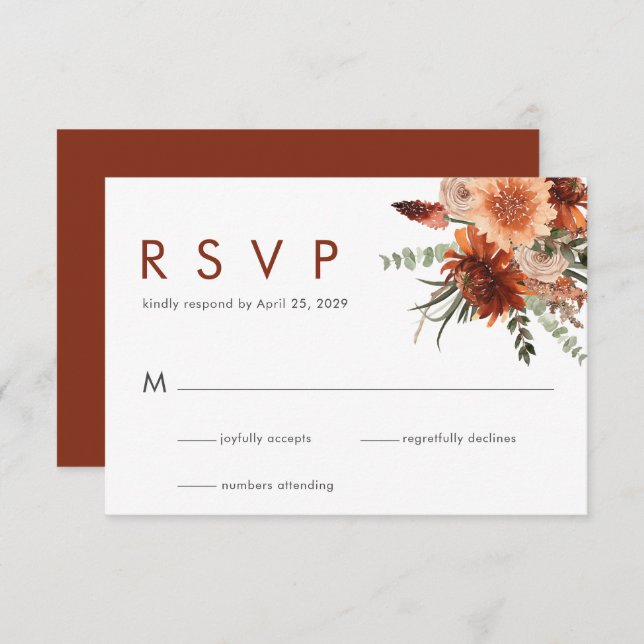 Elegante Rust Watercolor Floral Wedding RSVP (Anverso / Reverso)