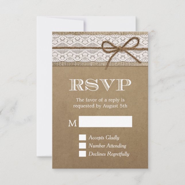 Elegante Rustic Burlap String Bow Wedding RSVP (Anverso)