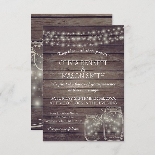 Elegante Rústico Mason Jar enciende invitación a l (Anverso / Reverso)
