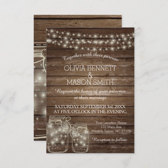 Elegante Rústico Mason Jar enciende invitación a l (Anverso / Reverso)
