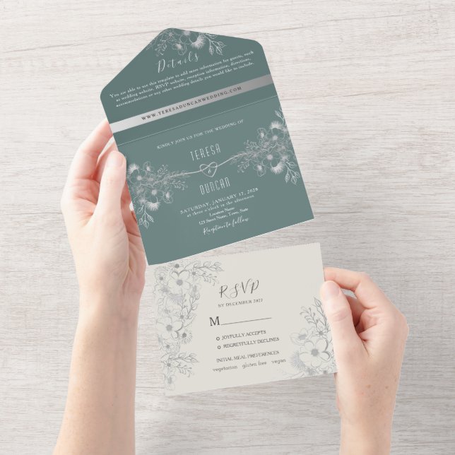 Elegante Sage Green Boda Todo En Una Invitación (desgarro)