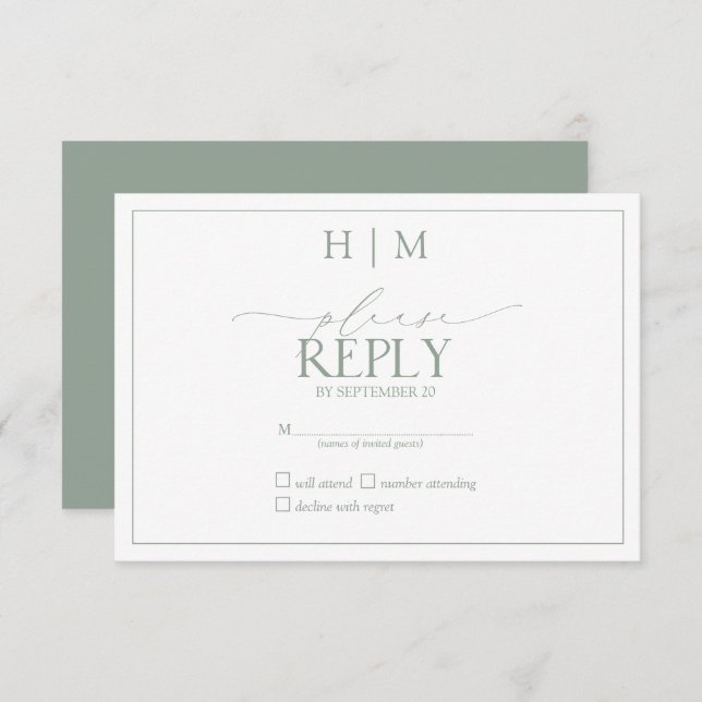 Elegante Sage Green Caligraphy Monograma RSVP (Anverso / Reverso)