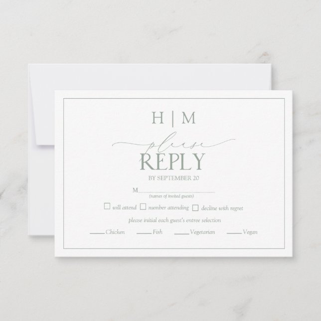 Elegante Sage Green Caligraphy Monograma RSVP (Anverso)
