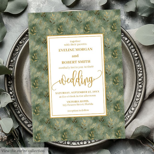 Elegante Sage Green Gold Foliage Invitación a la b (Stylish Sage Green Gold Foliage Wedding Invitation)