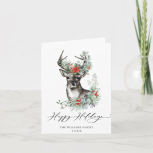 Elegante saludo de Navidad con ciervo y poinsettia