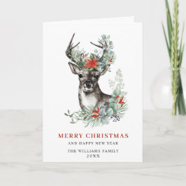 Elegante saludo de Navidad con ciervos y poinsetti