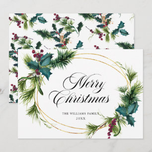 Elegante saludo de Navidad con pino abeto acebo ba