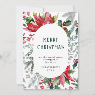 Elegante saludo de Navidad con poinsettia y muérda