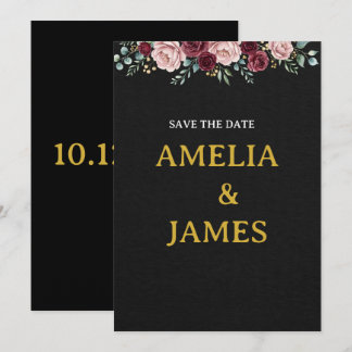 Elegante Save The Date floral negro y burgundy