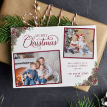 Elegante Script 2 Photo Pine Cones Feliz Navidad