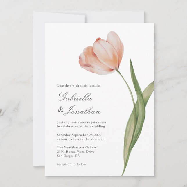 Elegante Script acuarela Tulip Wedding Invitación (Anverso)