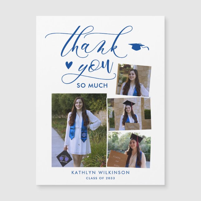 Elegante Script Azul 4 Graduación de fotos Gracias (Anverso)