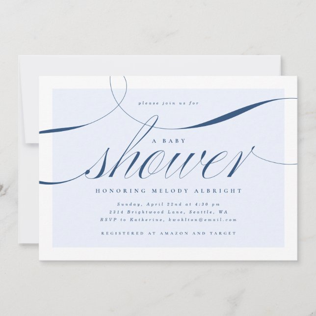 Elegante Script Blue Baby Shower Invitación (Anverso)
