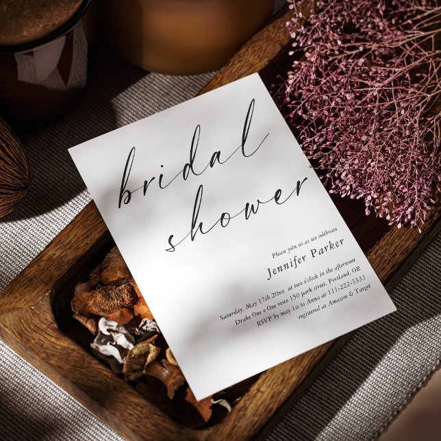 Elegante Script Bridal Shower Invitación Minimalis (Elegant Custom Black Hand Lettered Bridal Shower Invitation)