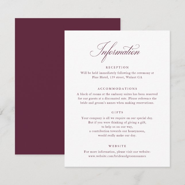 Elegante Script Burgundy Boda Tarjeta de informaci (Anverso / Reverso)