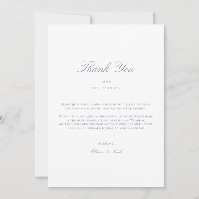 Elegante Script Dusty Blue & White Gracias Tarjeta (Anverso)
