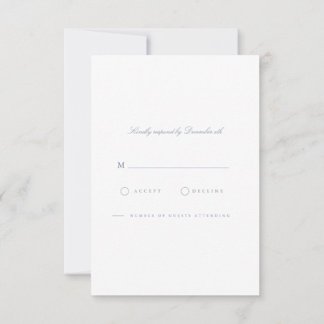 Elegante Script Dusty Blue & White RSVP Card (Reverso)